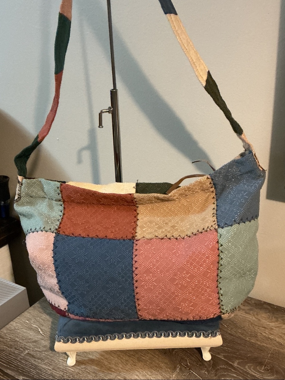 Handmade Patchwork Shoulder Bag in Multi Color with Contrast Panels 14x9x3 EUC - Picture 2 of 6